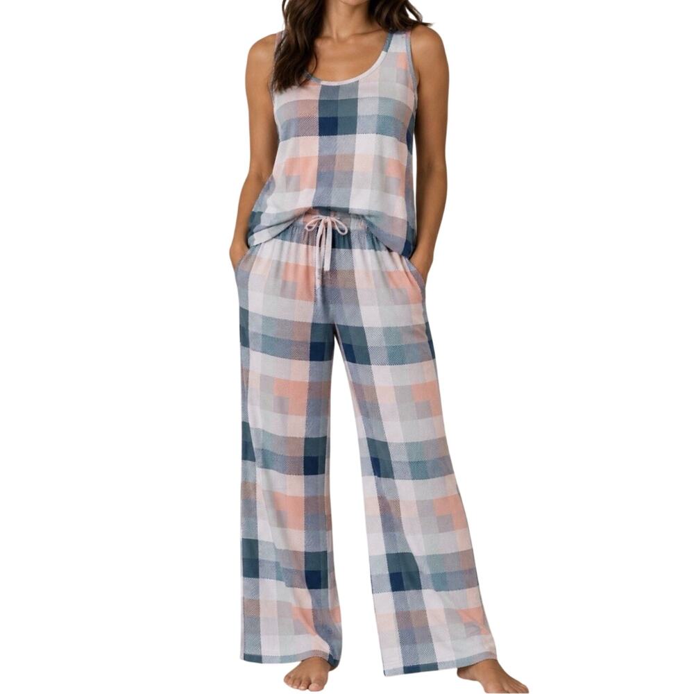 Eddie Bauer 2pc Pajama Set Women’s L Tank Top & Pants Pastel Plaid Lightweight